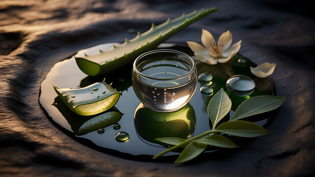 Fresh aloe vera leaf slices and a glass of liquid with white flowers on a dark stone surface with water drops.
