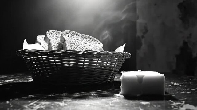 Black and white still life with a basket of bread and butter on a rustic table with smoke and light.