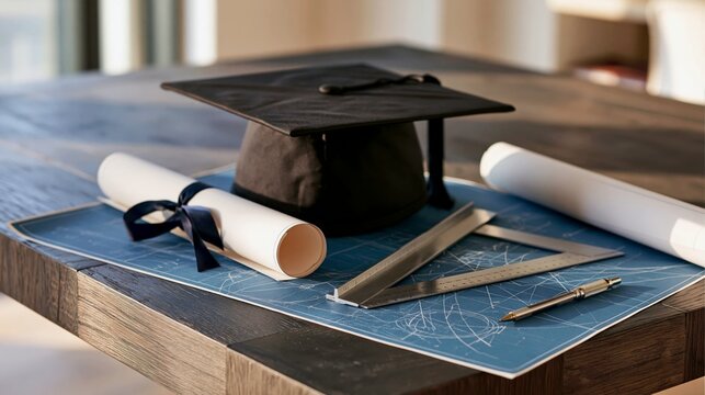 A Graduation Cap and Scroll With a T‑Square and Blueprint on an Architect&rsquo;s Desk