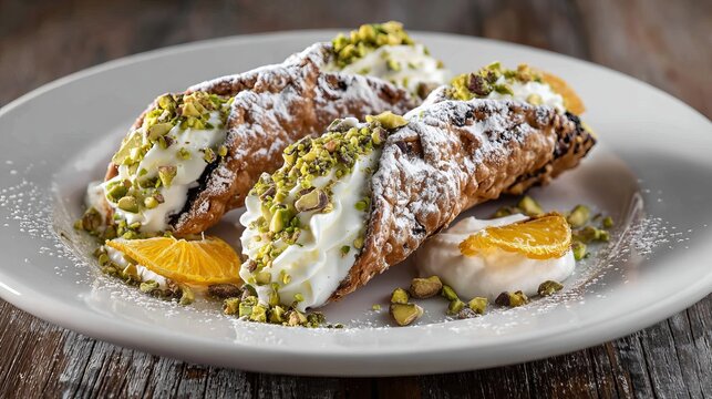 Two Sicilian cannoli pastries, filled with creamy ricotta, topped with chopped pistachios, presented on a white plate