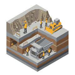 Fototapeta premium Corporate Isometric of Underground Mining Operations with Workers Machinery and Safety Gear with high quality professional line art symbols for modern creative design and digital branding projects