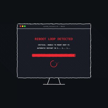 Computer system error and reboot loop with terminal interface on black background