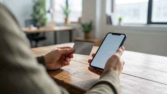 Person Holding Credit Card and Blank Screen Smartphone at Desk