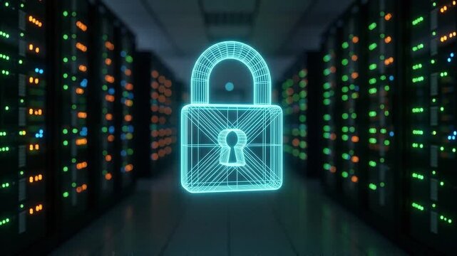 Glowing Cyber Security Padlock Hologram in Data Center Server Room