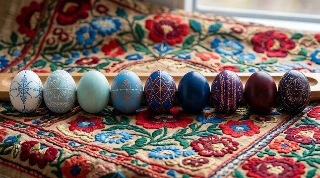 Row of traditional hand painted easter eggs on floral textile
