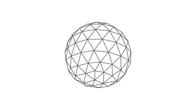 Geometric wireframe sphere made of interconnected black lines and nodes, isolated on a clean white background surface.