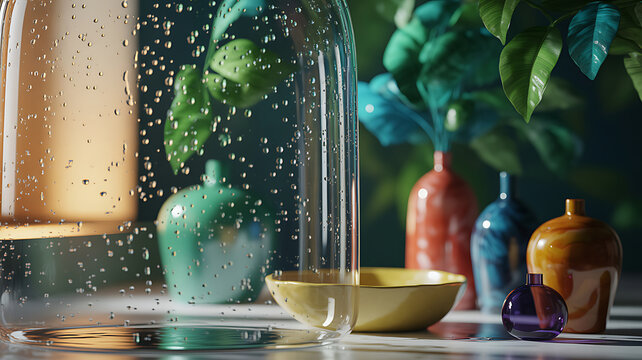 Glass cloche with water droplets covering a ceramic bowl, surrounded by colorful vases and green leaves in soft light.