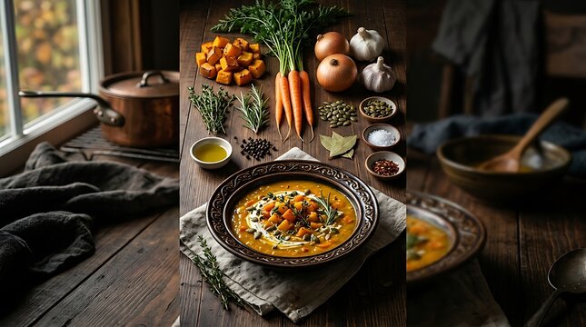 Bowl of autumn vegetable soup with fresh ingredients on wooden table