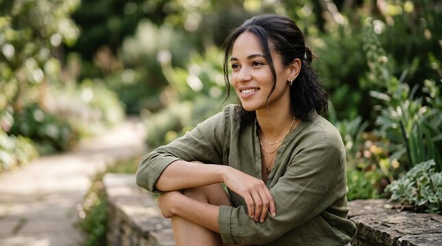 Happy woman in olive shirt relaxes in a sunny outdoor garden