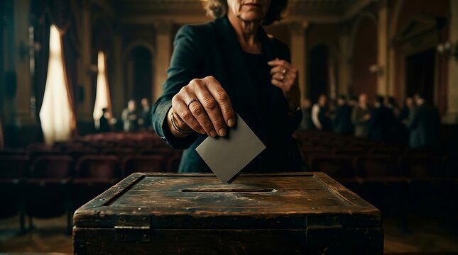 Woman casting her vote into a wooden ballot box during an election