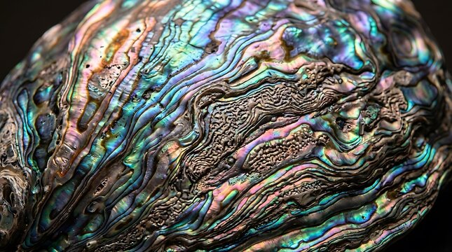 Iridescent abalone shell surface shows vibrant colorful swirls
