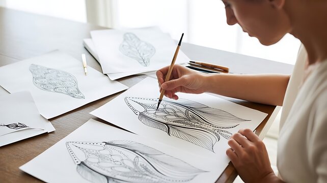 Person sketching detailed feather designs on paper