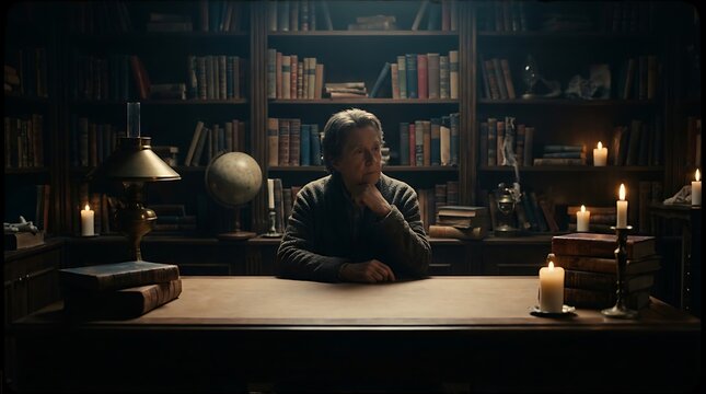 Senior woman sitting at a desk in a candlelit vintage library