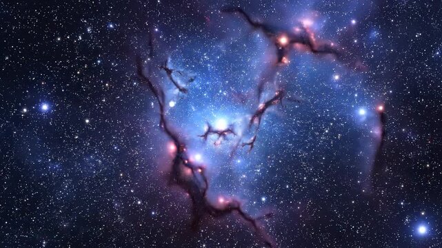 Nebula cluster with stellar nurseries in deep space during cinematic camera pan with glowing cosmic dust
