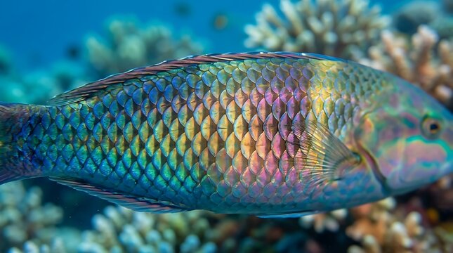 Colorful parrotfish swimming near coral reef in clear blue water