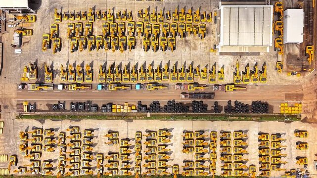 Yellow construction cranes lined up in rows at heavy equipment manufacturing unit industrial yard