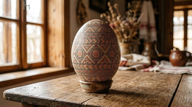 Ornate folk art egg sits on a rustic wooden table