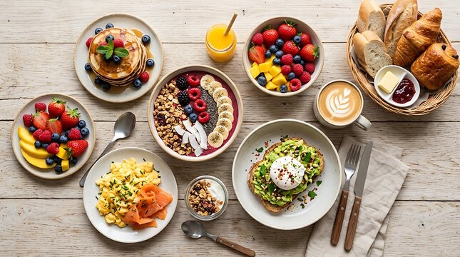 Healthy breakfast brunch spread with pancakes and avocado toast