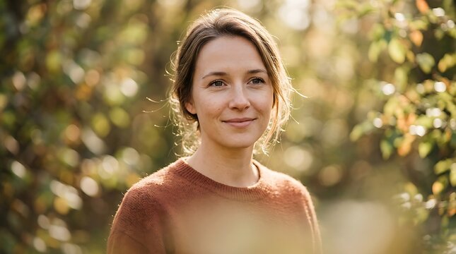 Portrait of a serene woman standing in a sunlit park