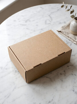 Brown cardboard box on gray pavement with shadow