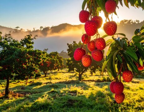Clusters of red lychees on sunlit orchard trees.