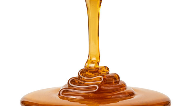 Golden honey dripping isolated on transparent background closeup view
