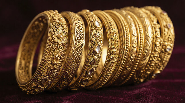 Stack of ornate gold bangles with intricate floral patterns and traditional jewelry design