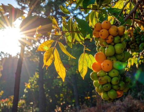 Cluster of yellow langsat fruit on branch under sunlight.