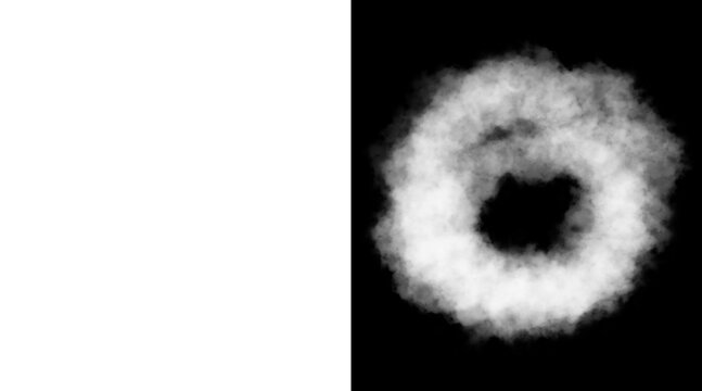 Atmospheric white smoke ring on black background, ethereal circular vapor cloud, realistic steam ring alpha channel for visual effects