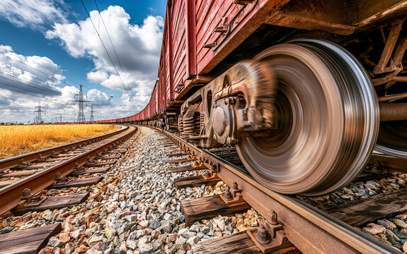 Close up of red train wheels moving on rails in rural landscape