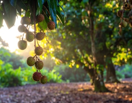 Clusters of lychee fruit hanging in sunlit orchard.