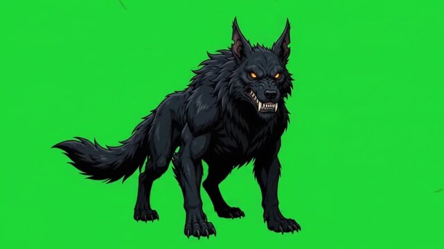 Aggressive black wolf illustration with glowing eyes on a green screen background.
