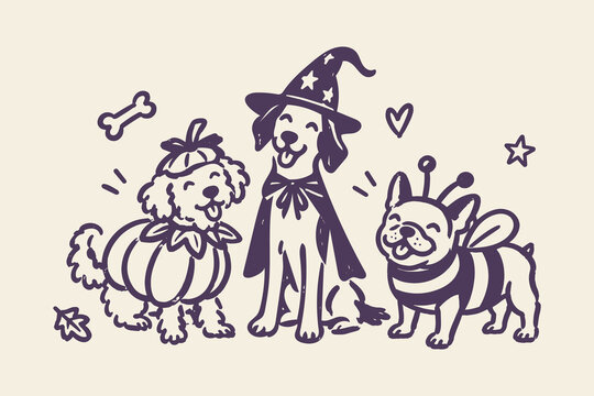 Dogs in Halloween Costumes Hand Drawn Doodle Illustration