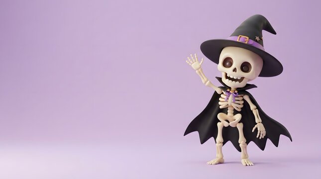Cute cartoon skeleton character wearing a witch hat and cape waving hello