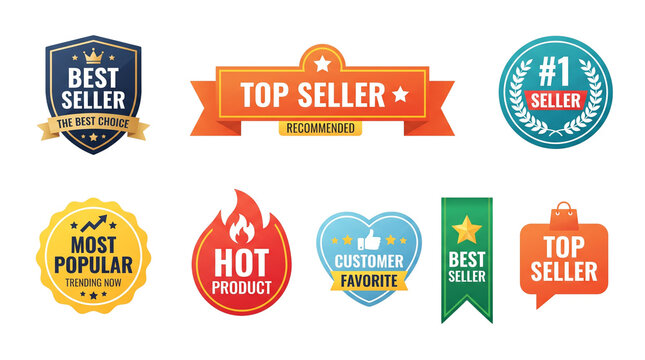 Set of e-commerce best seller stickers and promotional marketing badges for retail sales.
