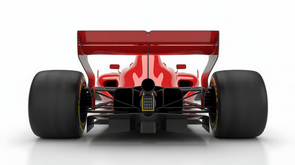 Fototapeta premium Rear view of a red formula 1 racing car with wide black tires and aerodynamic spoiler on a plain white background