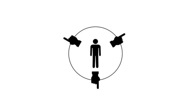 A single person silhouette stands inside a circle framed by two pointing hands showing selection targeting or personal focus in a group setting today