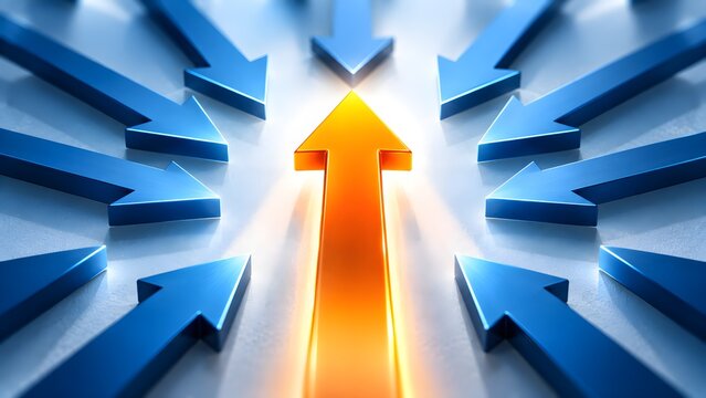 A glowing golden arrow pointing forward stands out among numerous blue arrows converging toward it representing success leadership and focused growth strategy
