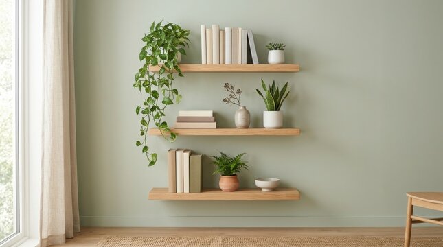 Three wooden floating shelves mounted on a sage green wall, decorated with books and potted