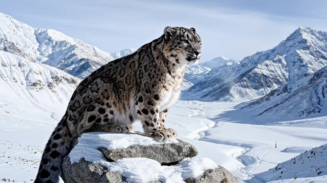 Snow leopard perched on rock in snowy mountain landscape during daylight cinematic motion