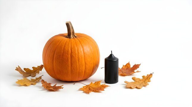 Orange pumpkin with black candle and autumn leaves on white background