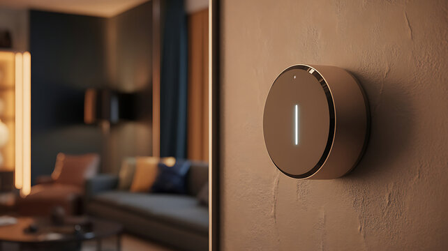 Round smart home thermostat with glowing vertical light strip mounted on a textured wall in a living room