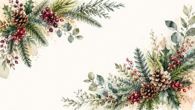 Watercolor christmas corner border with pine branches, holly leaves, red berries and brown pine... d