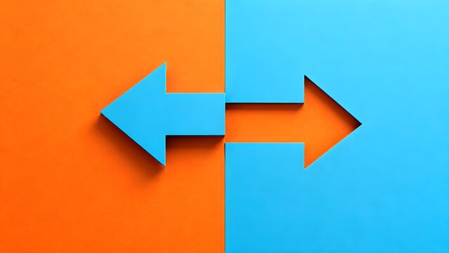 Conceptual contrast with blue and orange paper arrows showing movement in opposite directions for strategy and decision making metaphors