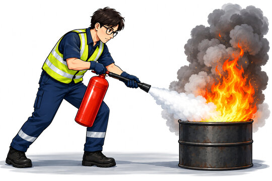 Worker Using Fire Extinguisher During Workplace Emergency Response