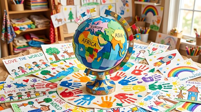 Educational tabletop globe surrounded by colorful children drawings of rainbows and handprints with education children drawings handprints learning classroom