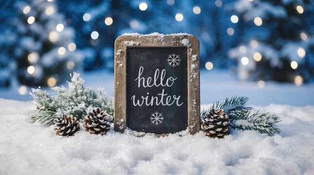 Chalkboard sign with hello winter text, pinecones, and fir branches in snow with blurred festive bokeh lights in the background