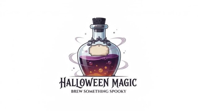 Magic potion bottle with glowing orange liquid and swirling mystical smoke with Halloween magic text