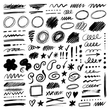 Hand drawn black ink scribbles, collection of marker pen doodles and brush strokes, artistic charcoal sketch elements on white background