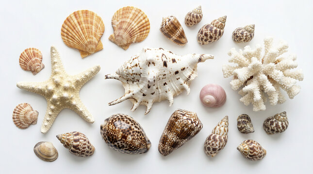 Collection of various seashells and starfish isolated on a white background